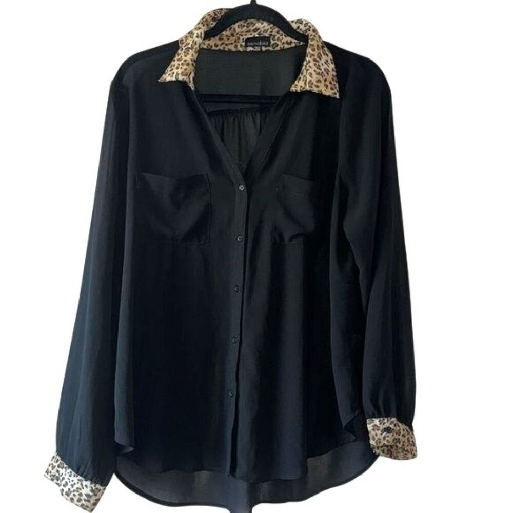 Zenobia Black Button-Up Shirt With Leopard Print Collar & Cuffs Womens XXL